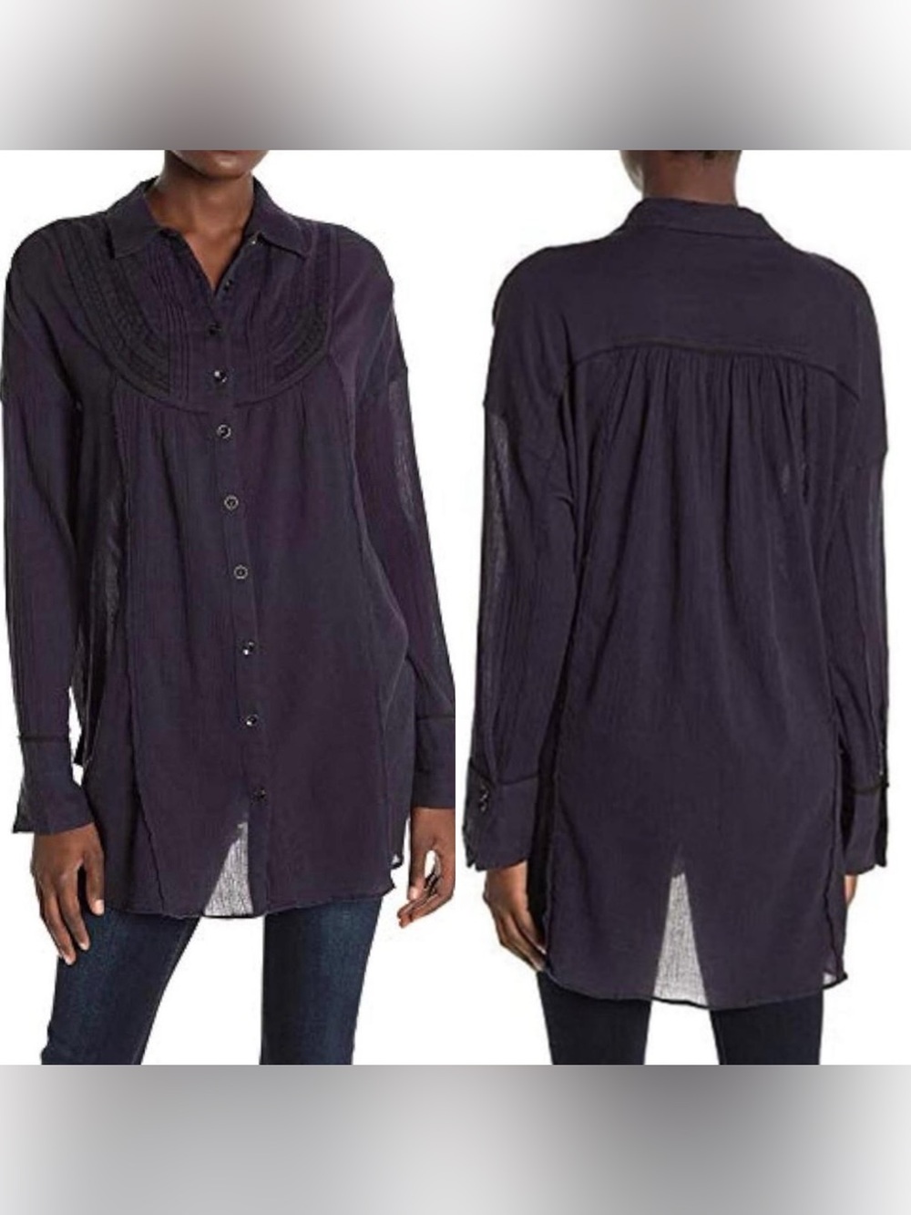 Free People Navy Button Down Cotton Gauze Tunic